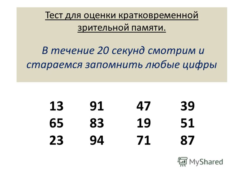 Запомни цифры определение объема кратковременной слуховой памяти 6 7 лет